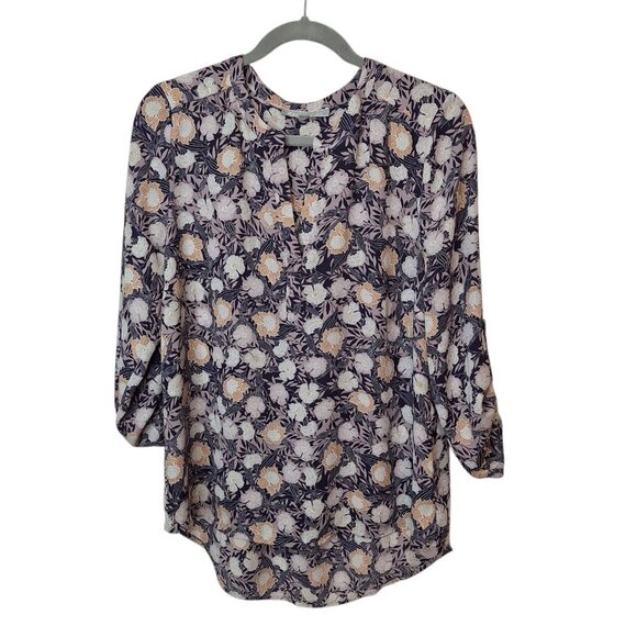 Daniel Rainn Tops - Daniel Rainn Womens Popover Blouse Size L Purple Floral Roll Tab Sleeves Light